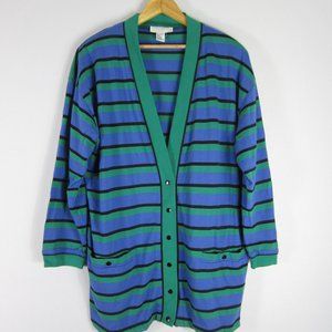 New Vtg Levante Knits Womens M Blue Green Striped LS Cardigan Sweater Cotton NWT